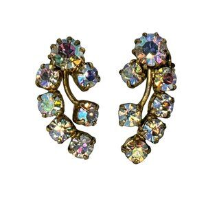 1950s Aurora Borealis Rhinestones Clip-On Earrings Drop Cluster Western Germany